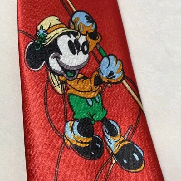 Mickey Mouse Fishing Red Silk Tie for Adults - Picture 2 of 8